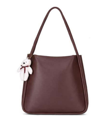 Image of SIJJEEL Women's Handbag Synthetic Leather Shoulder Bag with Bear Charm Tote One Size Women's Shoulder Bag Faux Leather Tote