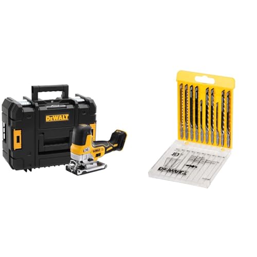 DEWALT - Scie Sauteuse à Prise par le Corps Brushless XR 18V - Courses à Vide 3200cps/min - Coupe Bois 135mm / Acier 10mm & Coffret de 10 Lames en Acier de...