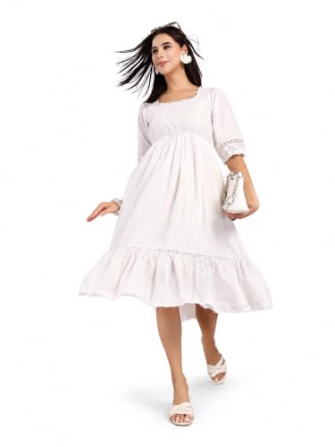 Image of COTLAND Fashions Breathable Cotton Printed A-Line Midi Dress for Women