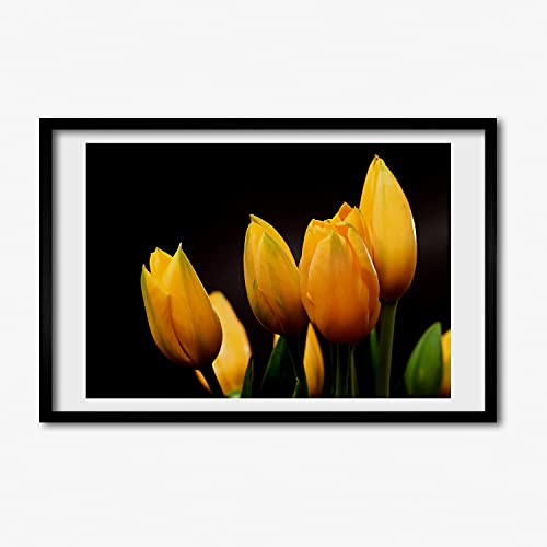 Tableau Peinture Décoratif Tulipes Jaunes Tulup 60x40 cm Réveiller un Mur Blanc Cadre Bois