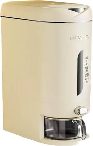 YAKINO ワンボタン米分配防湿防虫 家庭用多層密封米瓶食品グレード素材+目視窓+米計量カップ/虫よけボックスキッチン省スペース収納 鮮度保ち ライスストッカー ボタン押しタイプ (クリーミーホワイト,10kg)