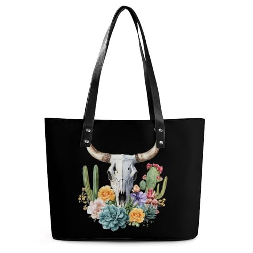 Cow Skull Cacti And Succulents Women's Leather Handbag Shoulder Bag Tote Purse Bags for Shopping Travel