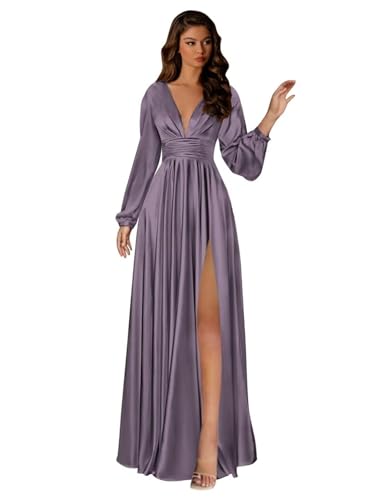 Long Sleeve Satin Bridesmaid Dresses A Line Prom Dress Split Pleated Formal Evening Dress with Pockets AP03