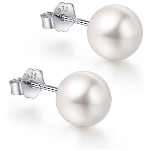 18K White Gold Plated Sterling Silver Post Faux Pearl Stud Earrings for Women, White Pearl Wedding Earrings Hypoallergenic Jewelry (6mm) Cover