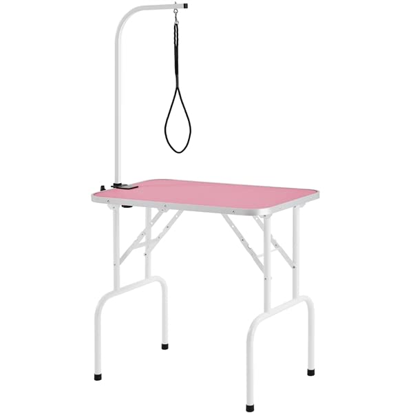 Abician Table de Toilettage pour Chien/Chat/Animaux Table de Toilettage Portable avec Potence Réglable Sangle Plateau Antidérapant 80,5× 46 × 76 cm Charge Maximale de 100 kg Rose