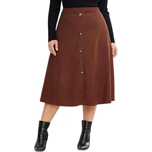 High Waisted Midi Skirt for Women Plus Size, Brown A-Line Button Front Vintage Flowy Skirt