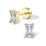GEMQUEEN Moissanite Earrings Studs Flat Back Earring Hypoallergenic - 14K Gold Plated Sterling Silver Earrings for Women Men Dainty Cartilage Helix Piercing Jewelry Emerald Cut D Color VVS1