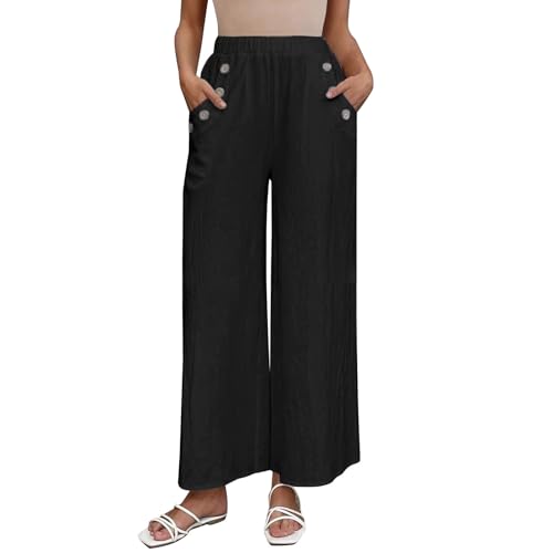 Pantalones de lino y algodón de pierna ancha para mujer, cintura alta, pantalones de primavera y verano, color sólido, pantalones palazzo casuales con cintura elástica para mujer, secado rápido