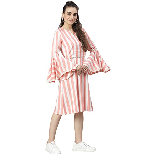 Image of DEEBACO Women's A Line /Fit & Flare Knee Length Dresses for Women Bell Sleeve Printed Striped Dress Midi for Girls Western Lace Dresses (Pink, Blue, Green, Yellow)