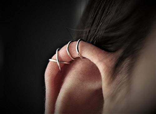 Sterling 925 Silver 4Pcs No Piercing Earcuff （2 Pcs Double Line ，2 Pcs Criss Cross ）Simple Gold Plated Fake Helix Ear Cuff Cartilage Earring Color Silver #TOP2