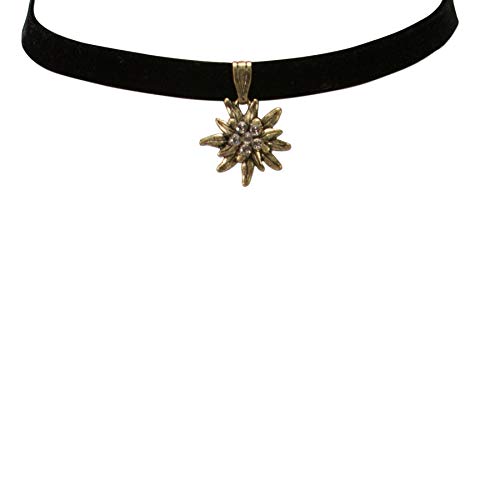 Alpenflüstern Trachten-Samt-Kropfband Strass-Edelweiß klein altgoldfarben - Trachtenkette enganliegend, Kropfkette elastisch, Damen-Trachtenschmuck, Samtkropfband schmal schwarz DHK240