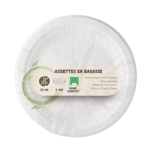 Générique 500 Assiettes rondes blanches 23cm en bagasse pulpe de canne à sucre, plusieurs...