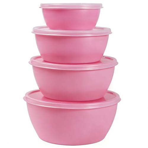 SCWBOEII 4-Piece Classic Plastic Prep Bowls with Lids Nesting Plastic Small Mixing Bowl Set for Mixing Baking Prepping Cooking and Serving Food Microwave and Dishwasher Safe (Pink)