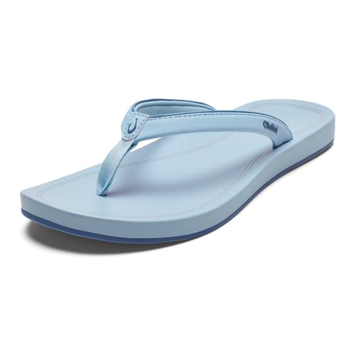 OLUKAI Uiki Women's Beach Sandal, Quick-Dry Flip-Flop Slides, Water Resistant, Wet Grip Soles & Compression Molded Footbed, Bright Sky/Bright Sky, 10