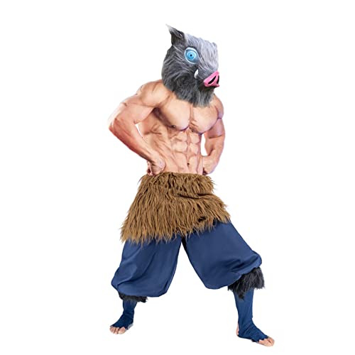 nezababy Inosuke Disfraz Anime Máscara Hashibira Cosplay Trajes Inosuke Demon Slaye Pantalones con faldas de felpa para Halloween