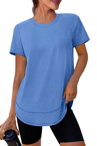 XIEERDUO Gym Tops for Women UK Crewneck Short Sleeve Sports T Shirts Lightweight Moisture Wicking Quick Dry Activewear Clothes with Sun Protection UPF 50+ Blue L