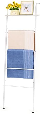 LIANTRAL Blanket Ladder, Wall Leaning Towel Ladder Blanket Holder Rack with Wood Shelf for Living Room Bathroom, Decorative Ladder for Blankets (5-Tiers, White)