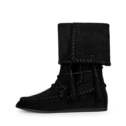 Suede Boots with Woven Details, Tassels and Fold-Over Cuff, Casual Comfortable Slouchy Flat Boots for Fall Winter Daily Wear
