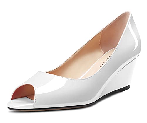 Aachcol Women Wedge Chunky Block Mid Heel Pumps Slip-on Peep Open Toe Dress Shoes Office Party Patent 2 Inch