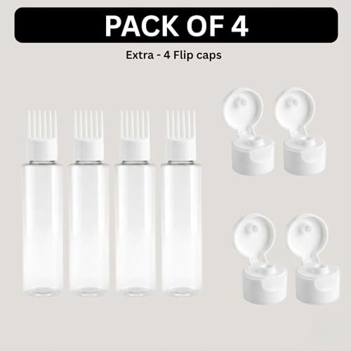 Image of Hian Hair Oil Applicator Bottle with Comb Tip, Transparent Plastic Scalp Dispenser for Easy Oil & Shampoo Application, Refillable Bottle for Root Care (White Color, Pack of 4)