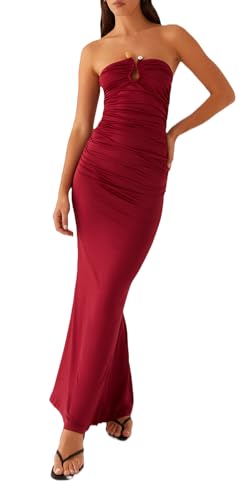 Image of Cut Out Maxi Tube Dresses for Women Sexy Y2k Strapless Backless Bodycon Long Dress Summer Sleeveless Hollow Sundress