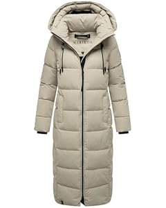 MARIKOO Damen Wintermantel warmer Steppmantel lang mit abnehmbarer Kapuze Nadeshikoo XVI Pebble Grey Gr. M