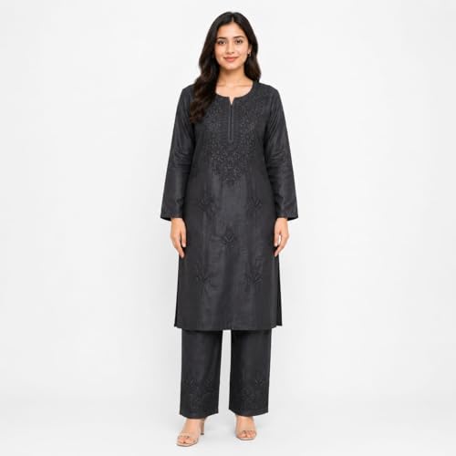 Image of Women's Chikankari Embroidered Straight Kurta with Palazzo Set, Traditional Kurti Bottom Set |Round Neck Full Sleeve Outfit for Daily,Office, Festive & Casual