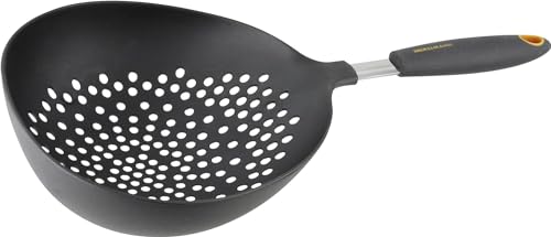 Fackelmann Soft Colador con Mango, Escurridor de Alimentos, Adecuado para Pasta, Fruta y Verdura, Mango Ergonómico de Tacto Suave, Color Gris y Naranja, 36 cm, 1 ud.