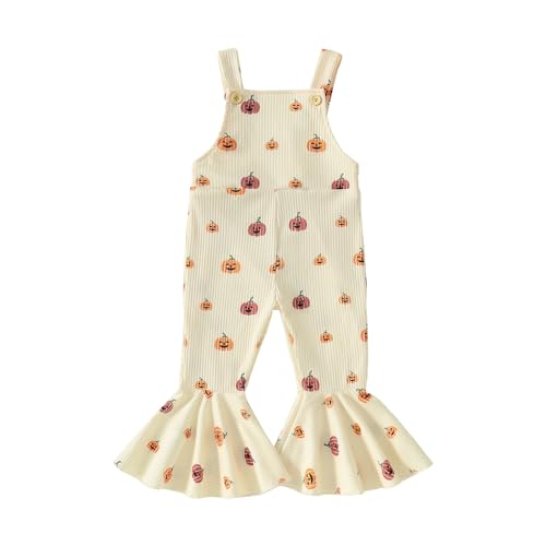 Image of Noubeau Toddler Baby Girls Halloween Outfit Pumpkin Dot Suspender Romper Jumpsuit Bell-Bottom Pants Fall Girl Clothes(Pumpkin A, 2-3 Years)