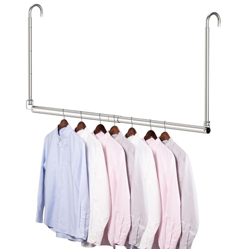 Hanging Closet Rod, Adjustable Width and Height Closet Rods for Hanging Clothes, Premium Stainless-Steel Closet Rod for Ultimate Space Optimization, for Hanging and Drying Clothes, Silver