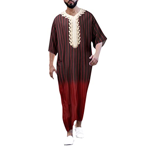Men's Muslim Kaftan Thobe Long Sleeves Linen Robe Arabic Prayer Eid Clothes V Neck Long Night Gown Shirt Loungewear