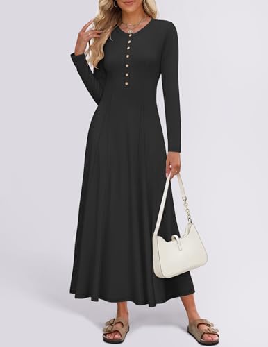 Image of ZESICA Women's Elegant Maxi Dresses 2026 Fall Long Sleeve Button Casual A Line Boho Flowy Dress with Pockets