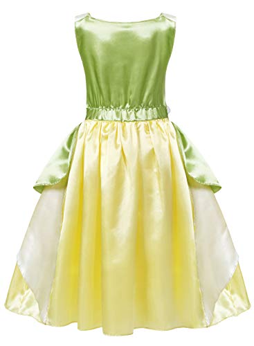 Jurebecia Princess Tiana Dress Birthday Party Frog Costume For Little Girls Halloween Fancy Cosplay Dress Up Kids Fairy Tale Outfits With Luxury Jewelry Size 5-6 Years #TOP1