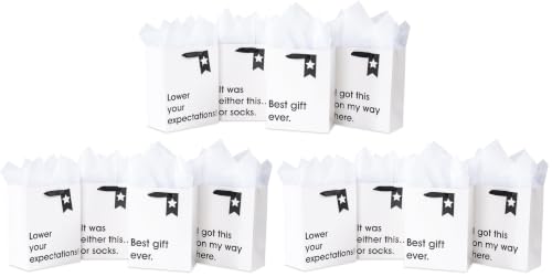 Image of Loveinside Christmas Medium Size Gift Bags Set, Funny Quirky Design with Bold Black Text Pattern with Tissue Paper Perfect for Shopping, Parties, Birthday, Holiday, 12 Pack, 7 inch X 4 inch X 9 inch