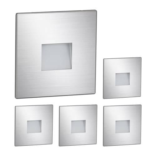 ledscom.de 5 pièces LED lumière d'escalier/lampe murale encastrée FOW pour l'intérieur et l'extérieur, downlight, carré, inox, 85 x 85mm, blanc chaud