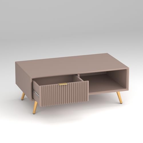 Image of ONIJA Modern Coffee Table for Living Room | HDMR Premium Wood Center Table with Storage Shelf | Matte Finish Coffee Table | Wooden Tea Table with Sturdy Legs (Mocha Beige)