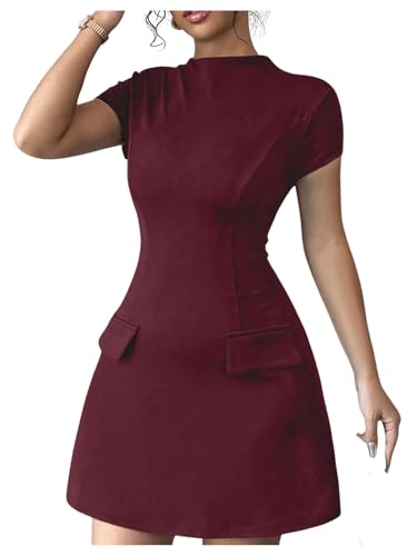 Women's Short Sleeve Mock Neck A Line Dress Zipper Slim Fit Formal Work Mini Dresses with Pocket