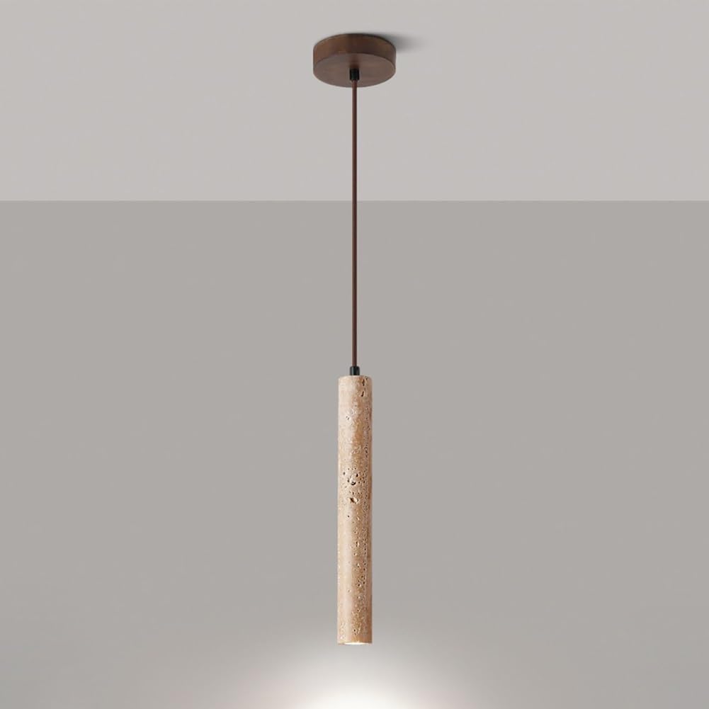 Lámpara colgante de travertino amarillo y madera con luz LED 3000K para comedor