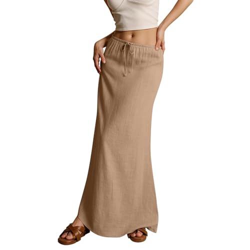 YEMOCILE Womens Linen Maxi Skirt Summer Casual Comfy Skirt Drawstring Waist A Line Boho Long Flowy Skirts