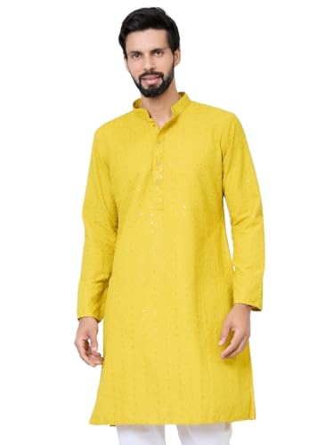 Image of See Designs Men's Full Sleeve Mandarin Collar Sequins Embroidered Straight Long Kurta - Festive Collection
