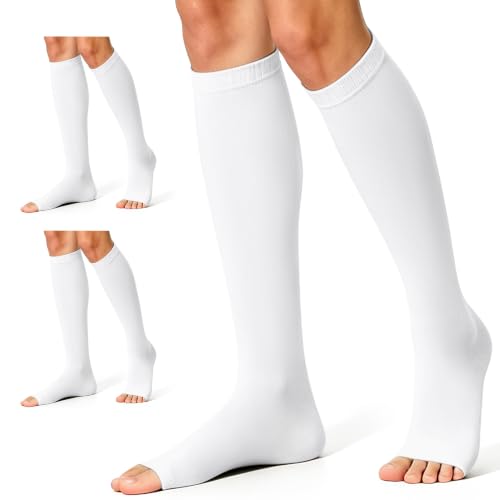 CHARMKING 3 Pairs Open Toe Compression Socks for Women & Men Circulation 15-20 mmHg is Best for All Day Wear Running Nurse (05 White/White/White, L/XL)