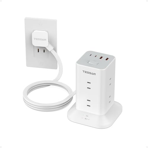電源タップ タワー型 延長コード 2m 薄型プラグ 8個AC コンセント USBポート4個(Type-A/C) PD20W TESSAN テーブルタップ たこあしコンセント タコ足配線 マルチ OA 雷ガード 一括スイッチ 省エネ mini型 おしゃれ