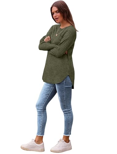 Image of Saloogoe Long Sleeve Shirts for Women 2025 Fall Clothes Tunic Tops Loose Fit Dressy Crewneck Pullover Sweaters Curved Hem