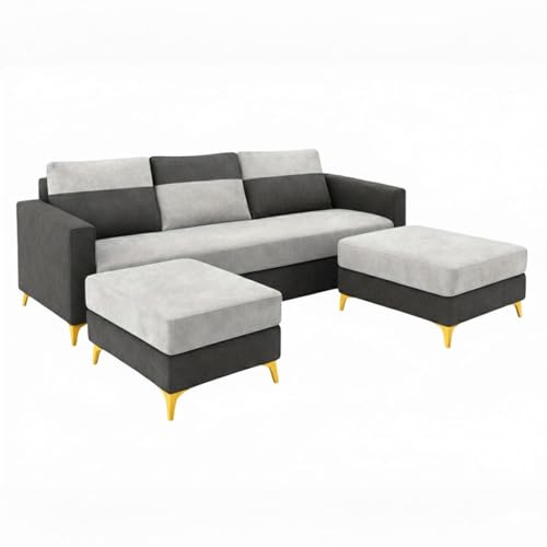 Image of Strike Dual Tone Plush 5 Seater L Shape Sofa Set with 2 Movable Ottomans| Flexible Layout | Silken Velvet Suede| Golden Metal Legs|for Living Rooms & Office (Light Grey & Dark Grey)