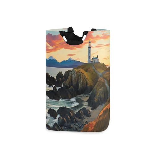 Jihqo Laundry Hamper Basket Sunset Lighthouse Landscape Collapsible Nursery Storage Bin Waterproof Clothing Baskets for Home Bedroom Bathroom Washing Room