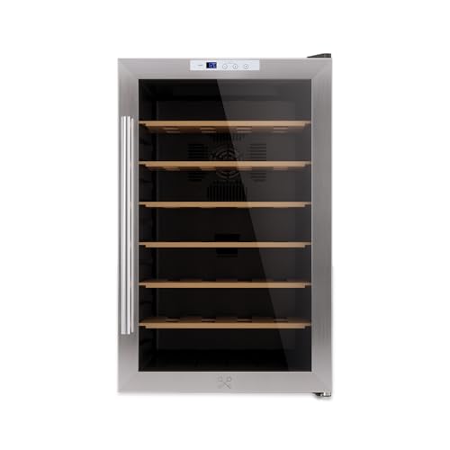 Les Petits Champs Cave à Vin de Conservation de 28 bouteilles CAVC28, 70L, 6 Etagères, Réglable de 11 à 18°C, Refroidissement Thermoélectrique, Design Elégant, LED, Anti-UV