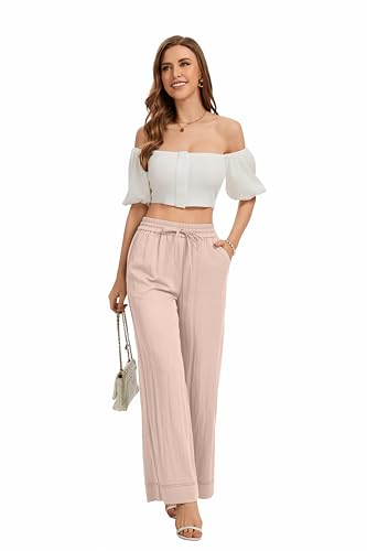 Image of KICZOY Women Flowy Pants Drawstring Waist Wide Leg Palazzo Beach Pants Loose Fit with Pockets