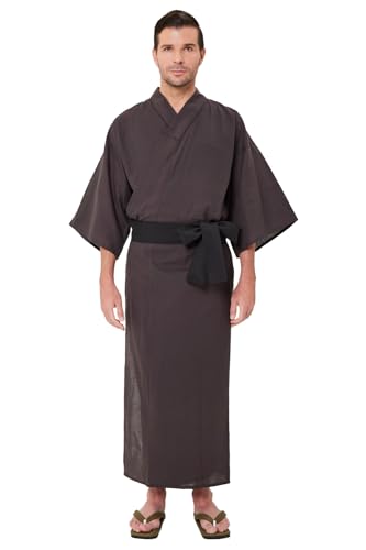 Mens Solid Brown Yukata, Lightweight Summer Robe, 100% Cotton, Made in Japan