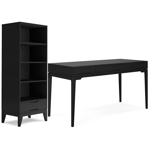 Image of SIMPLIHOME Harper Desk and Bookcase Bundle - 60 inch Wide Solid Wood Mid Century Modern Desk with Drawers and 24 inch Wide 4-Shelf Bookcase in Black, Home Office Furniture (Set of 2)