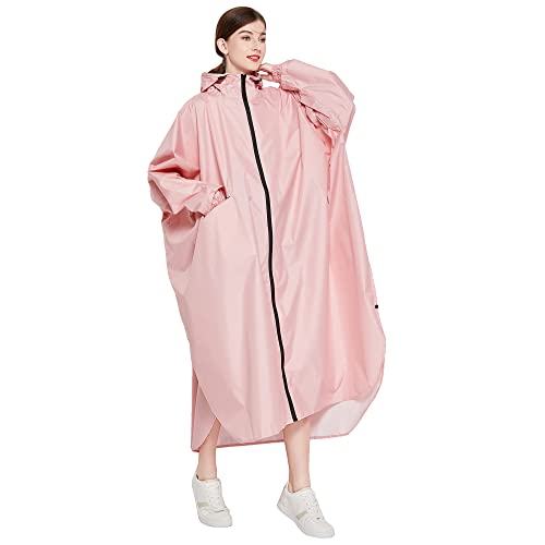 Gaga city Regen Poncho Cape damen Rosa Langarm f&uuml;r Erwachsene mit Kapuze Wasserdicht mit Vorderseite Rei&szlig;verschlusstaschen Druckknopf am 2 Seiten S&auml;umen mit Aufbewahrungstasche